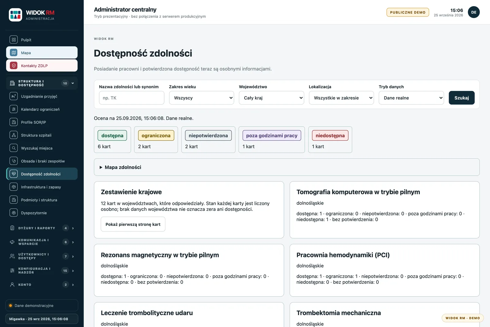Zestawienie krajowe zdolności z licznikami stanów dla każdego województwa