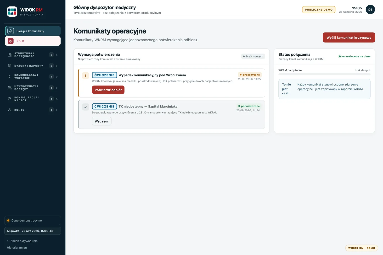 Komunikaty operacyjne GDM: komunikat wymagający potwierdzenia odbioru i status połączenia z WKRM