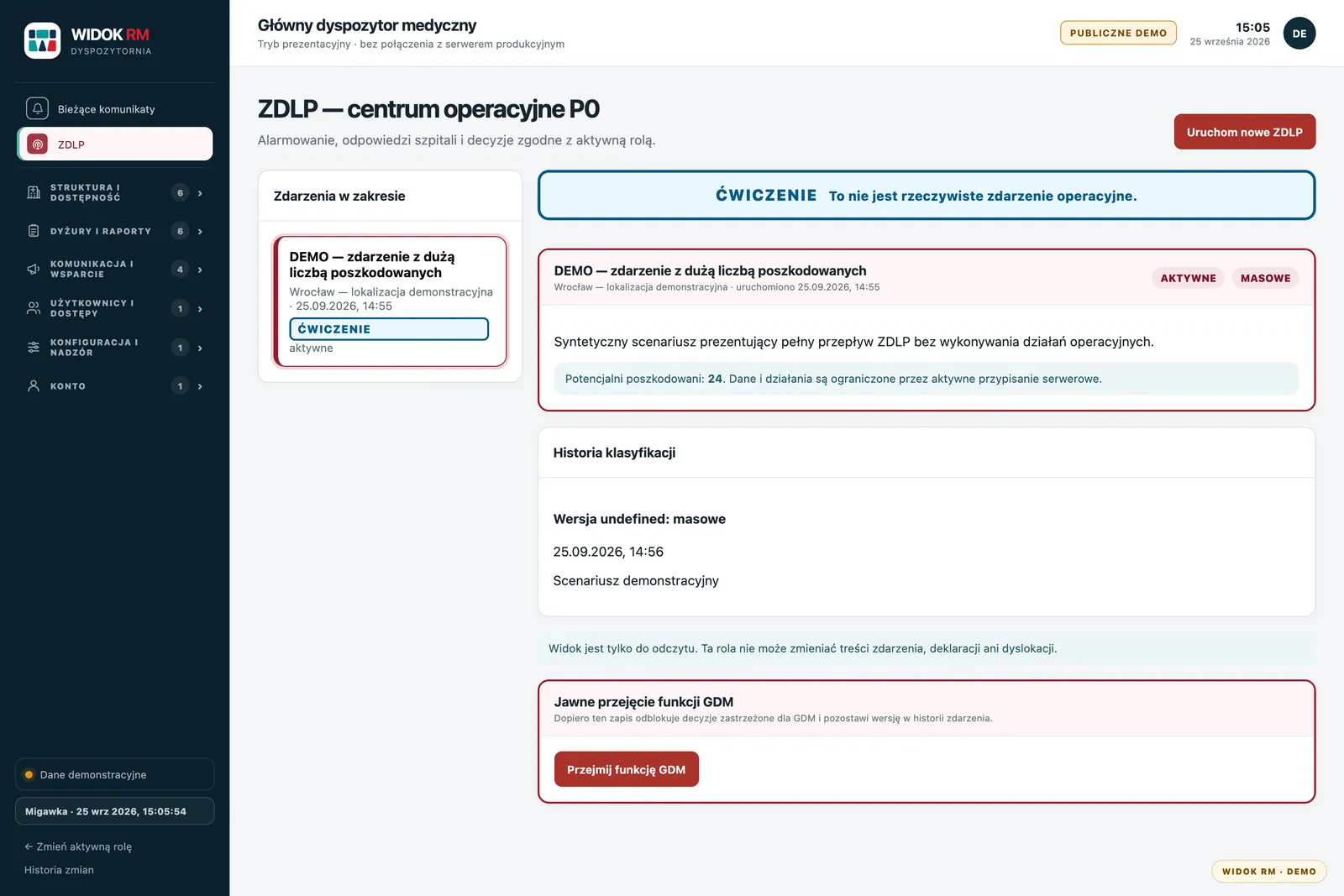 Centrum operacyjne ZDLP w trybie ćwiczenia: zdarzenie, klasyfikacja i funkcje dyspozytorskie
